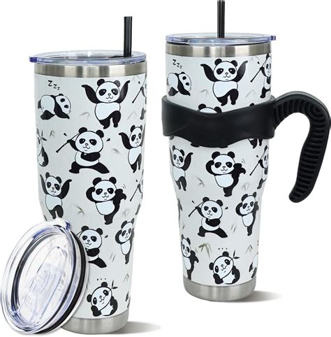 Amazon.com | Heqianco 40 oz Tumbler with Handle and Straw Panda Cup Water Bottle Panda Gifts for ...