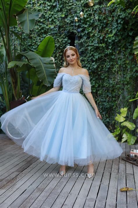Pearled Sky Blue Tulle Off-shoulder Ankle-length Dress - Lunss