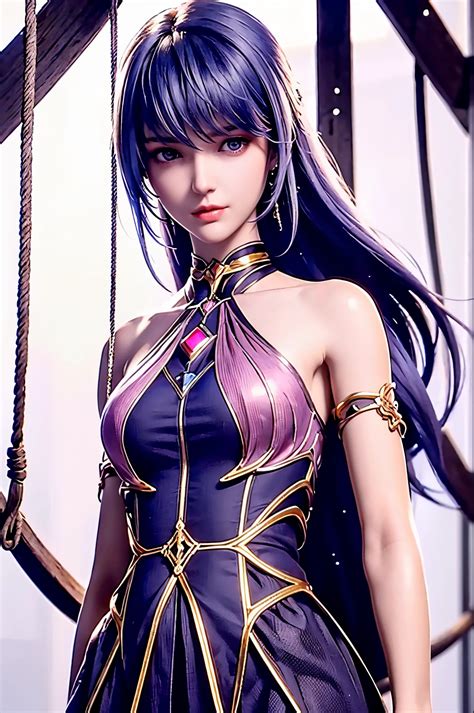 A close up of a woman in a purple dress holding a wooden pole - SeaArt AI