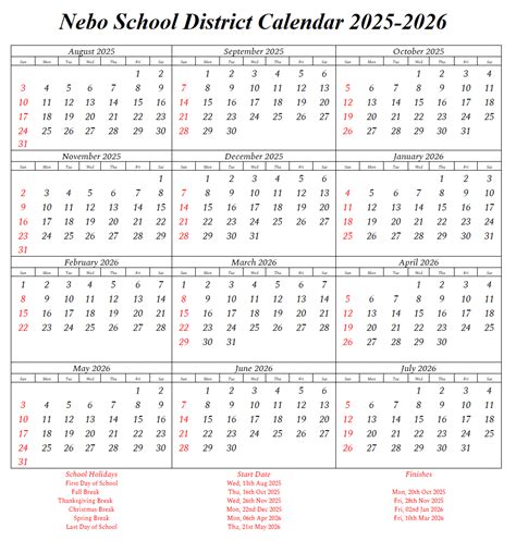 Nebo District School Calendar 2025-2026 With Holidays