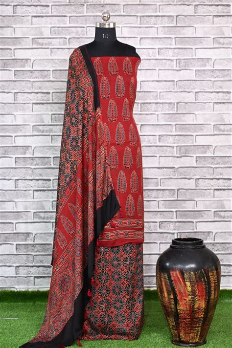 Red Asopalav Unstitched Modal Silk Ajrakh Print Suit~House Of Elegance ...