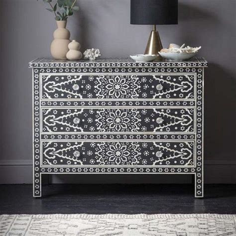 Zahra Bone Inlay Chest of 3 Drawers Black – Luxury Handicrafts