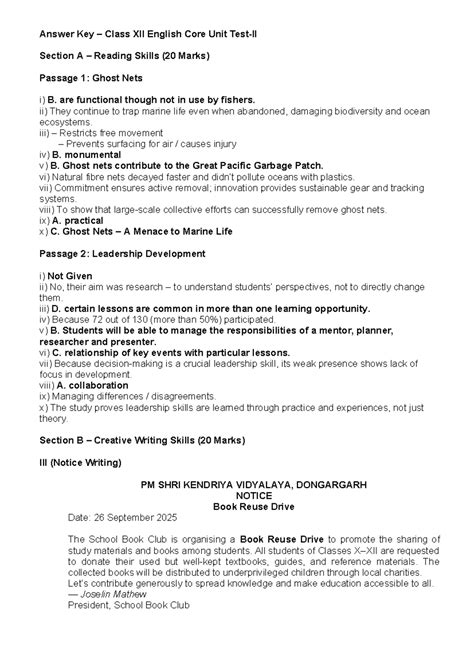 QPR UT II 25-26 - Answer Key for Class XII English Core Reading ...