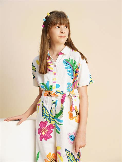 Girls White Printed Jumpsuit