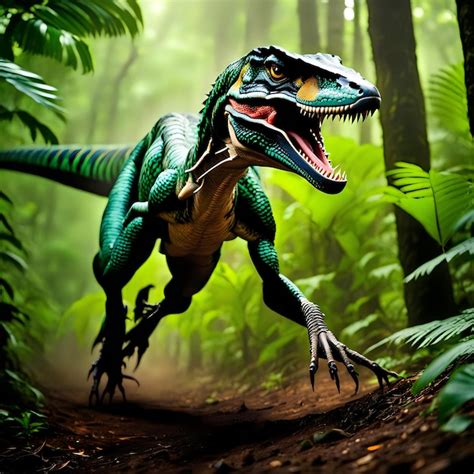 Jungle photography of velociraptor moving at its max speed by camera ...