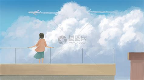 天台上遥望飞机的少女插画图片下载-正版图片400081859-摄图网