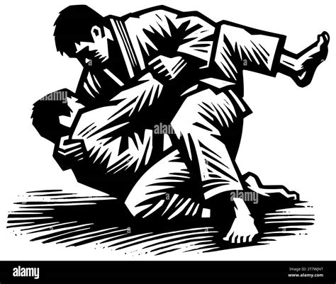 Judo or jiu-jitsu practitioners in a throw, captured in dynamic woodcut ...