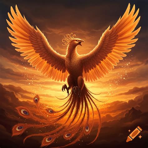 A majestic dark red phoenix with outstretched wings rises above a lake ...