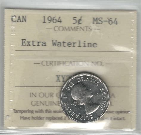 Canada: 1964 5 Cent Extra Waterline ICCS MS64 - London Coin Centre Inc.