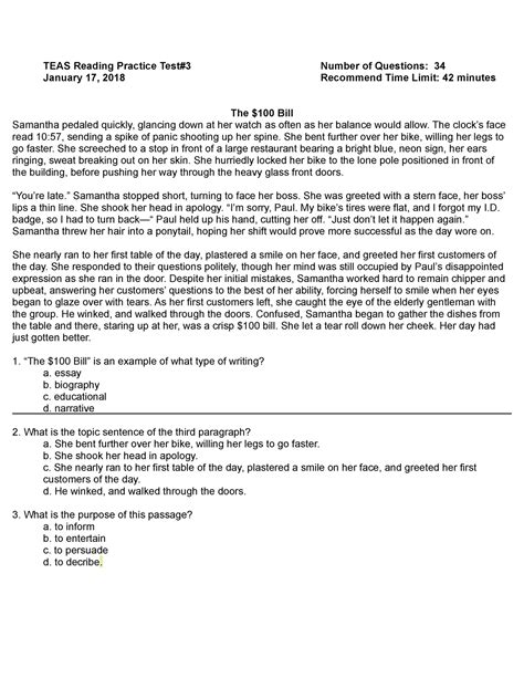 Practice Test 3 Revised - TEAS Reading Practice Test#3 Number of ...