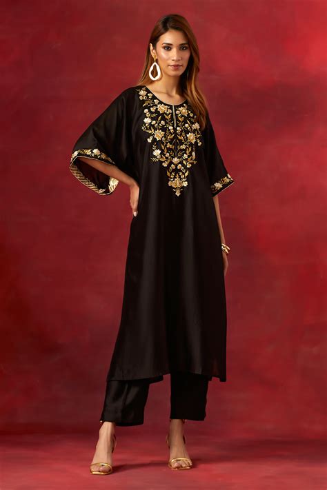Buy Black Silk, Cotton, Chanderi Sequins, Beads Resham Work Yoke Kaftan ...