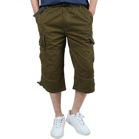 Mens Cargo Shorts 3/4 Relaxed Fit Casual Twill Elastic Below Knee Loose ...