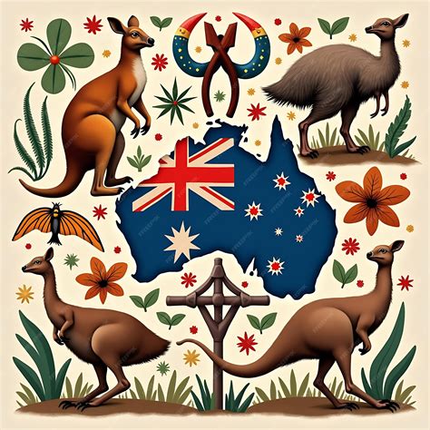 Australian National Symbols Kangaroo Emu and Flag in Floral Art ...