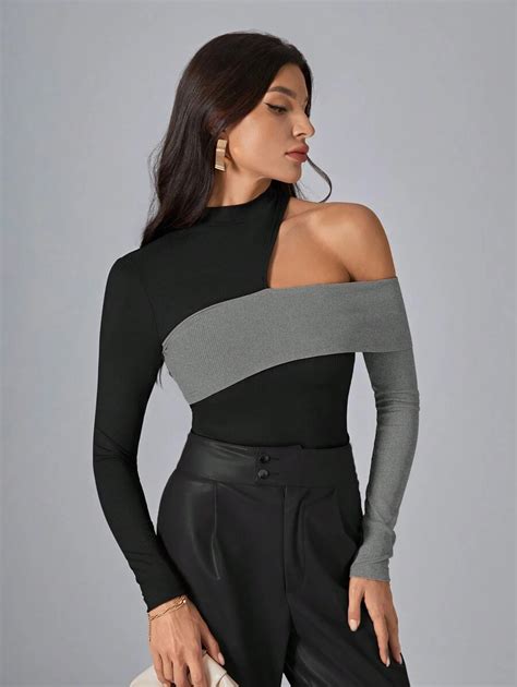 Firerie Colorblock Cut Out Asymmetrical Neck Tee | SHEIN USA