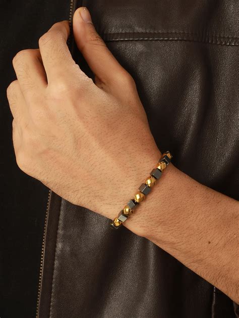 Bold by Priyaasi Twisted Sphere Cube Black & Gold-Toned Bracelet for M