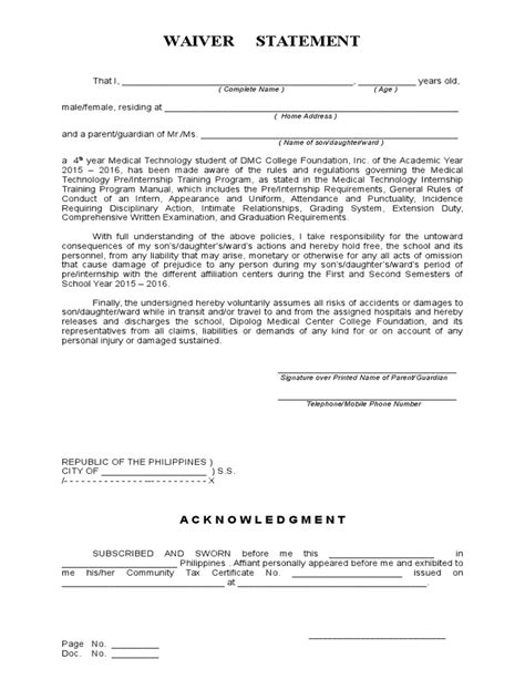 Image result for Waiver Statement Example