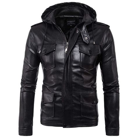 GENERICMens Detachable Hood Faux Leather Jacket PU Biker Motorcycle ...