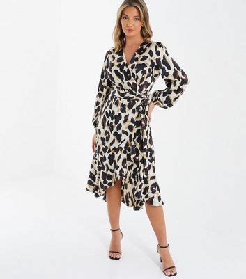 QUIZ Off White Leopard Print Satin Long Puff Sleeve Midi Wrap Dress ...