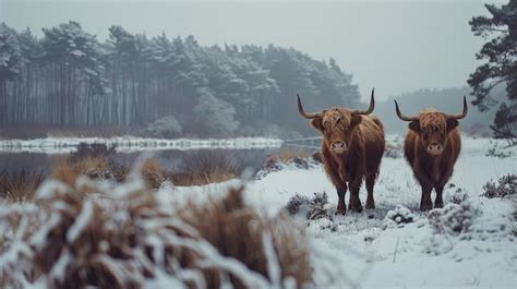 Highland cow in a snowy field looking at camera | Premium AI-generated ...
