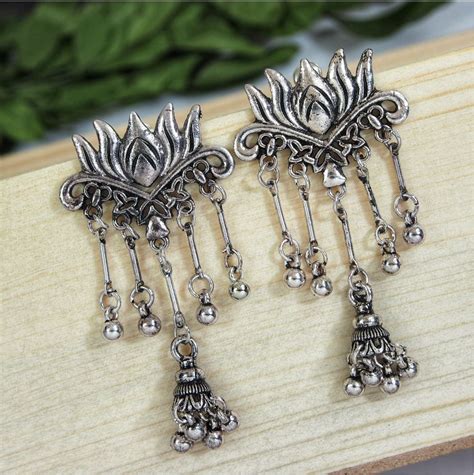 Silver Plated Lotus Design Antique Earring – Tarohi Jewels - Parsva ...