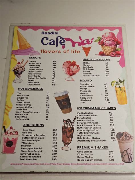 Menu at Nandini Cafe Moo, Manipal