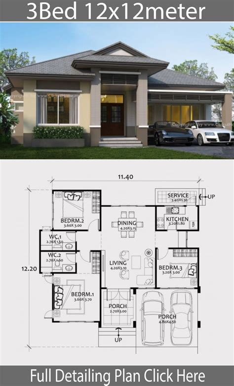 Bungalow Floor Plan with 3 Beds and 2 Baths