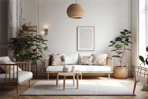 Bright modern living room with white sofa floor lamp and green plant on ...