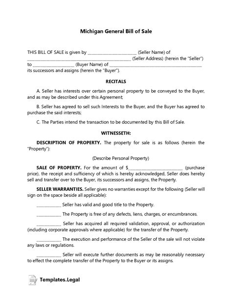 Michigan Bill of Sale Templates [Free] (Word, PDF, ODT)