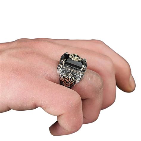 Turkish Signet Rings Men's Ancient Silver Color Carved Texture Inlay G ...