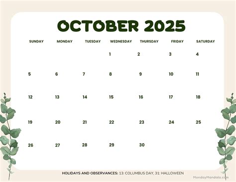 Printable October 2025 Calendar Page
