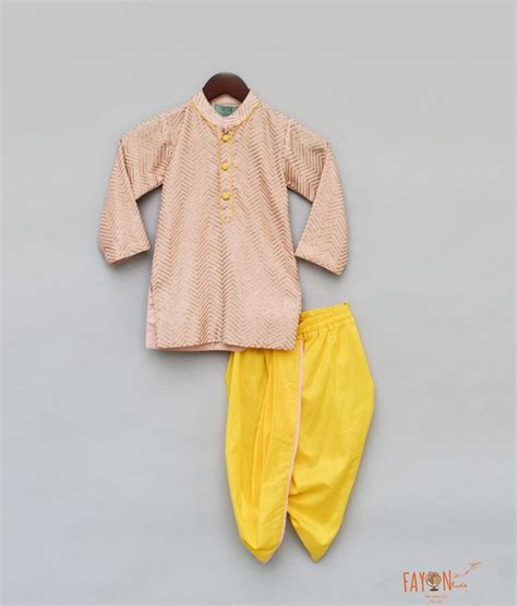 Peach Zig Zag Gota Kurta with Yellow Dhoti for Boys – FayonKids