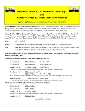 Fillable Online Microsoft Office b2010b Certification Workshops and ...