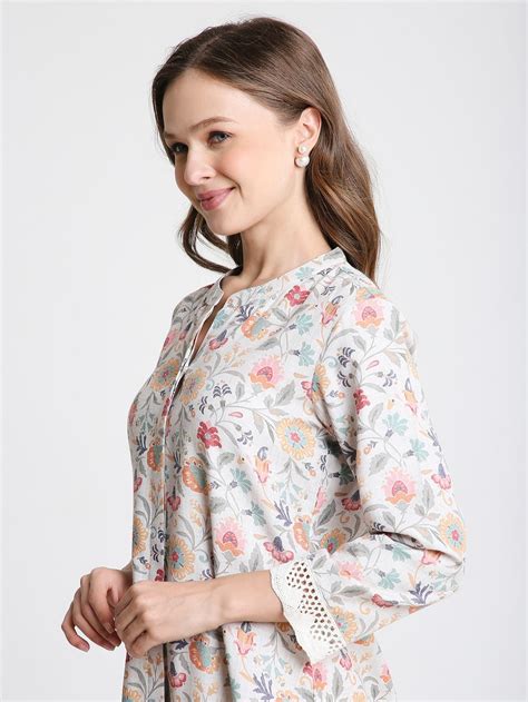 Natural Floral Print High-Low Hem Kurta with Lace – Saffron Threads