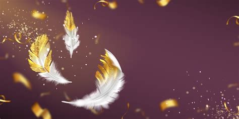 Background with white feathers with gold glitter, confetti and empty ...