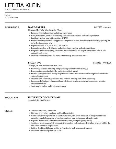 Cardiac Monitor Tech Resume Samples | Velvet Jobs