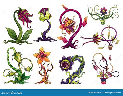 Carnivorous Plant Set. Cartoon Flytraps Or Flower Predators. Angry Flowers With Teeth. Monster ...