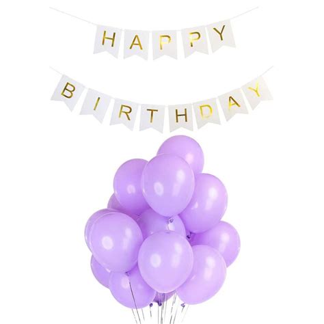 White Happy Birthday Banner And Pastel Purple Metallic Balloons (Pack ...