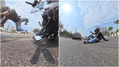 Man thrown off bike after colliding with car. His thumbs up to driver ...