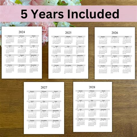 Printable 2024 2028 5 Year Calendar, 2024 Printable Calendar, 2025 ...