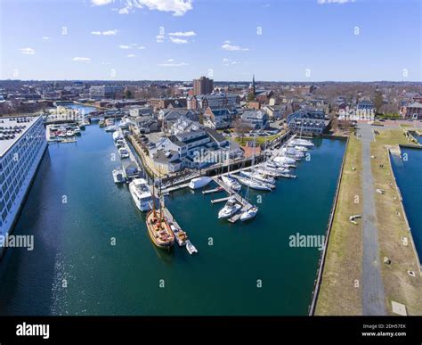 Aerial view of Salem historic city center and Pickering Wharf Marina in ...