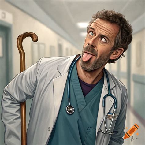 Caricature of Dr. House sticking his tongue out in a hospital hallway ...