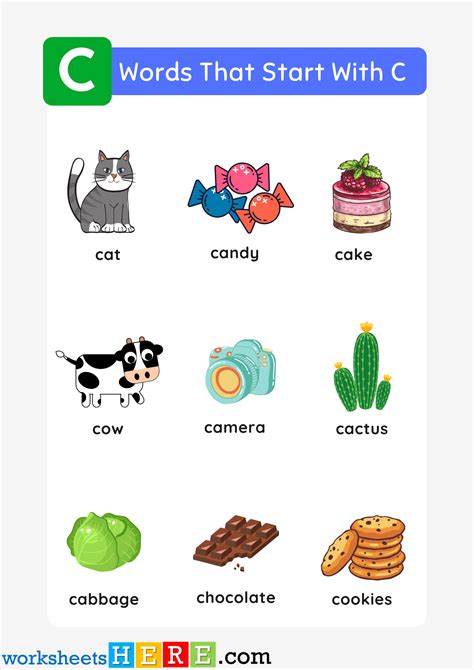 Words That Start With C List and Pictures For Kids Printable PDF ...