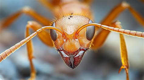 Ant face close-up, detailed macro view showing intricate features. Vivid colors and sharp focus ...