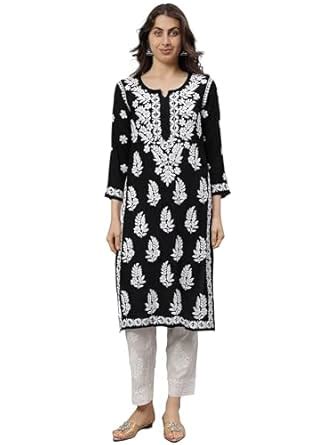 Buy Seva Chikan Hand Embroidered Lucknowi Chikankari Black/White Modal ...
