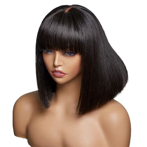 Amazon.com : LUVME HAIR Silk Straight Human Hair Bob Wigs with Bangs ...