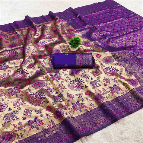 Beige & Violet Pure Kanjivaram Silk Saree Adorned with Meenakari Flora