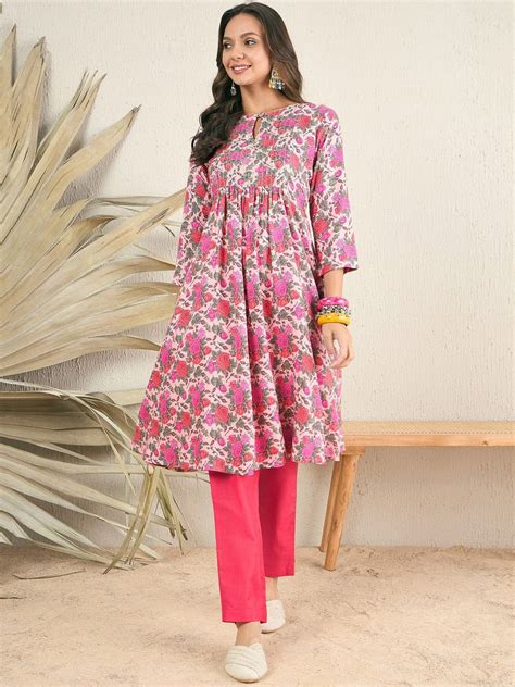 Pink Floral Printed Keyhole Neck A-Line Pleated Kurta Inddus.in