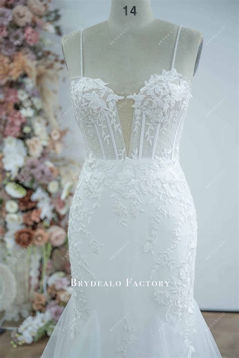Beaded Lace Thin Straps Mermaid Long Train Wedding Dress
