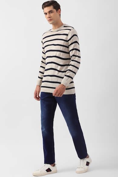 Buy Men Beige Stripe Round Crew Neck Sweater Online - 925426 | Peter ...