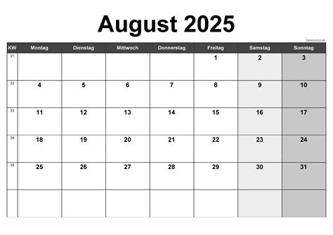 Kalender August 2025 zum Ausdrucken (PDF, XLS, PNG)